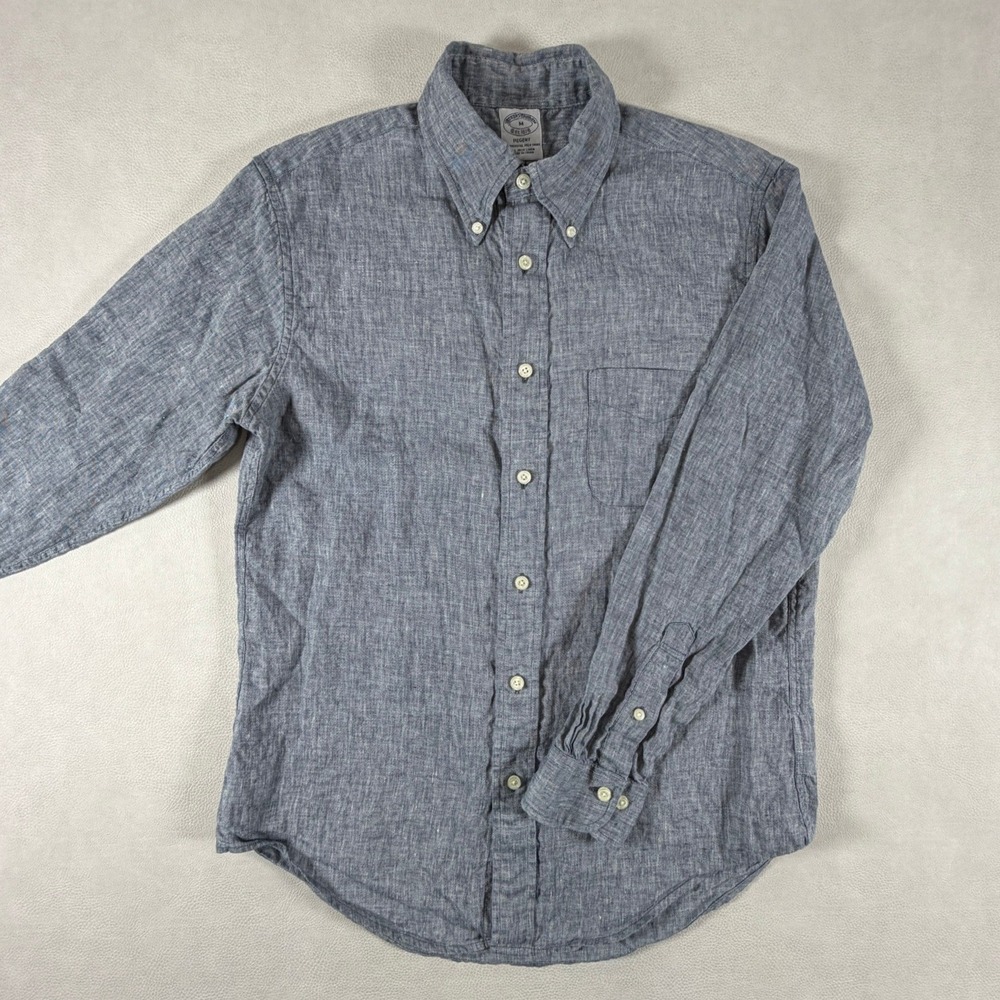 Brooks Brothers Regent Fit Blue Irish Linen Button Down Polo Shirt Mens Medium